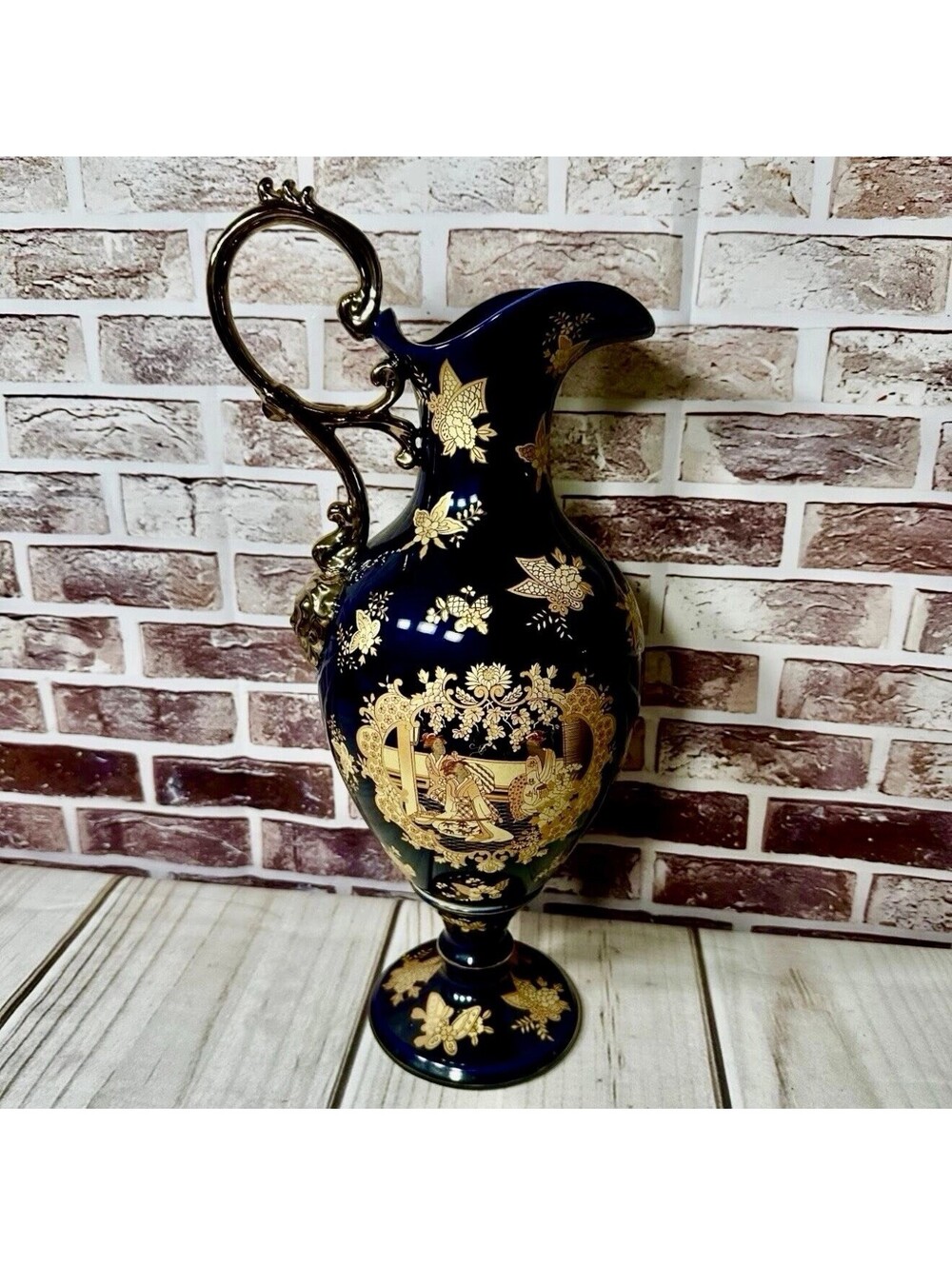 VTG Luxury Limoges France Cobalt Blue 22K Gold Porcelain Pitcher Courting Couple